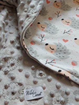 Minky and cotton baby blanket with hedgehogs and lions