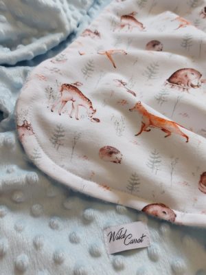 Minky and cotton baby blanket with forest animal print
