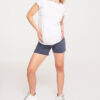 Woman in maternity clothes, blouse, top, shorts.