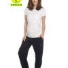 Woman wearing white vegan maternity blouse