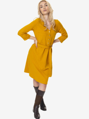 Mustard maternity dress for pregnancy and breastfeeding.